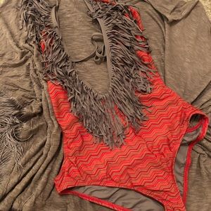 NWT L*SPACE ONE PIECE FRINGE ~ ORANGE AND TAUPE